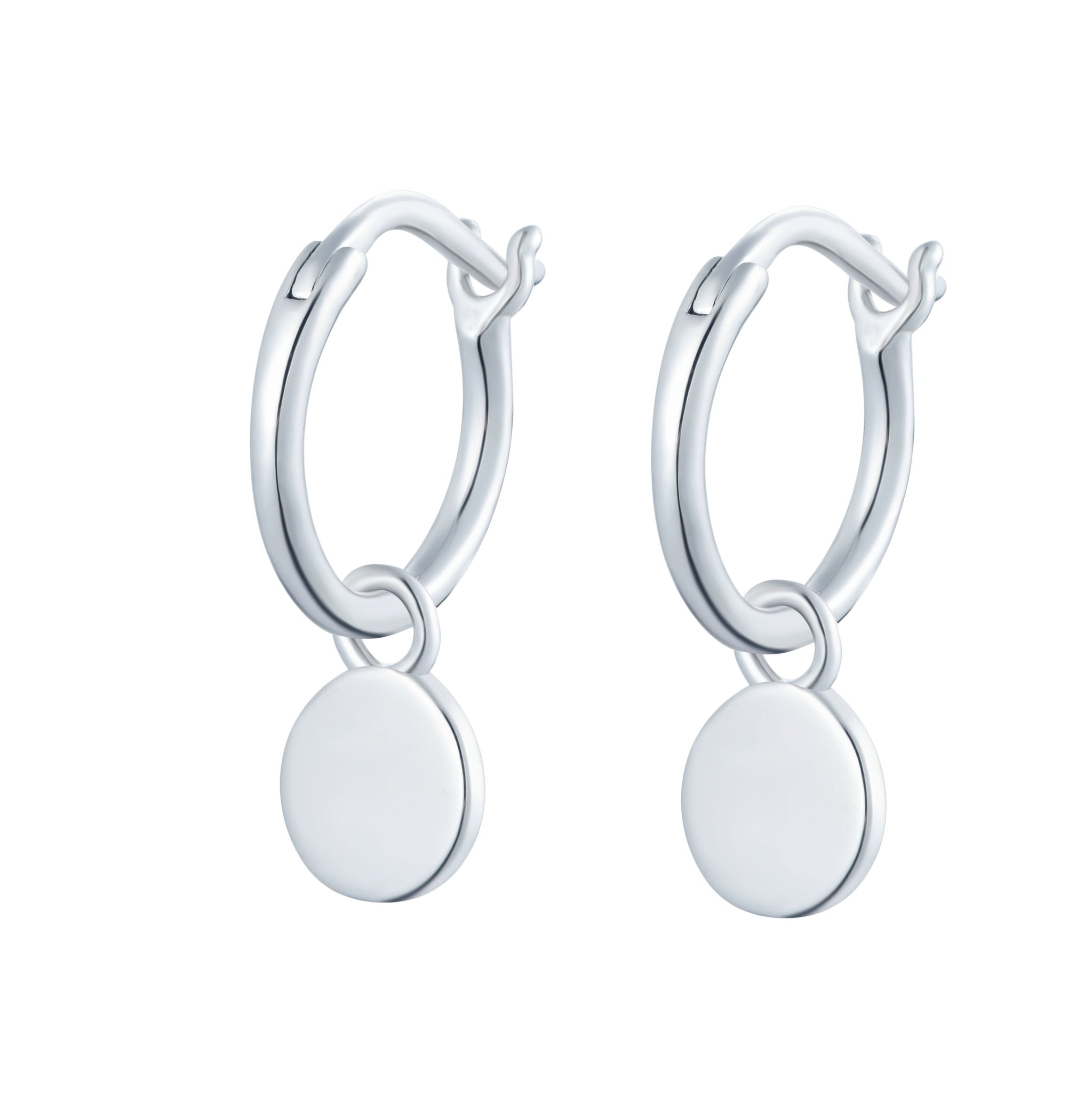 
Sterling silver hoop earrings with plain finish and hanging disks

