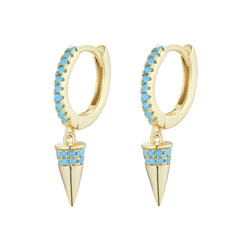 
Pair of gold-plated hoop earrings decorated with turquoise stones and hanging cone charms adorned with turquoise.

