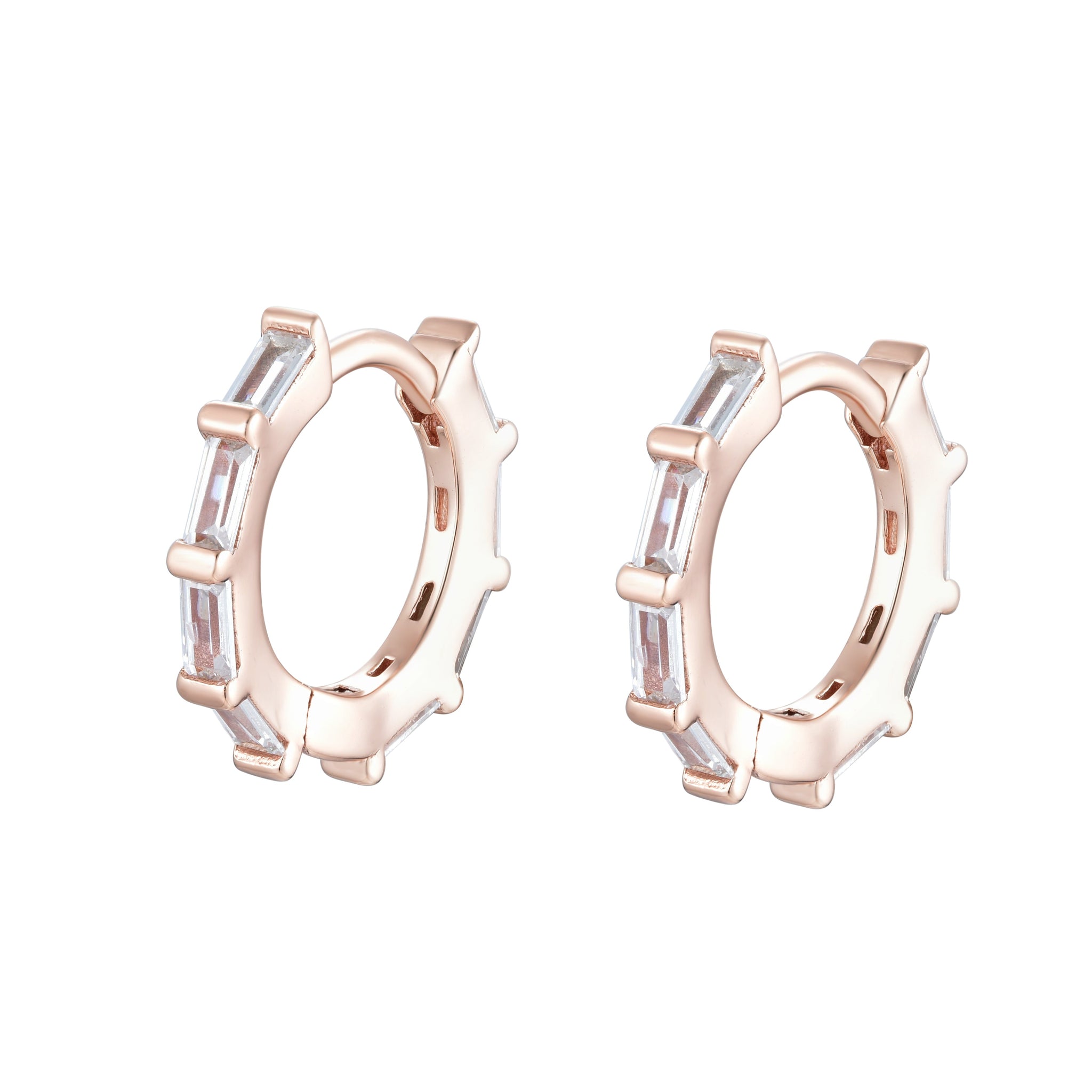 
Rose gold plated small hoop earrings with baguette-shaped Cubic Zirconia

