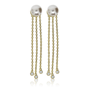 
Gold-plated pearl stud earrings with three hanging chains ending in cubic zirconia.

