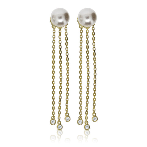 
Gold-plated pearl stud earrings with three hanging chains ending in cubic zirconia.

