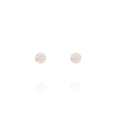 
Close-up image of rose gold plated pave disk ear studs with a diameter of 4mm.

