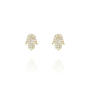 
Pair of gold plated on silver Hamsa hand pave stud earrings adorned with cubic zirconia.

