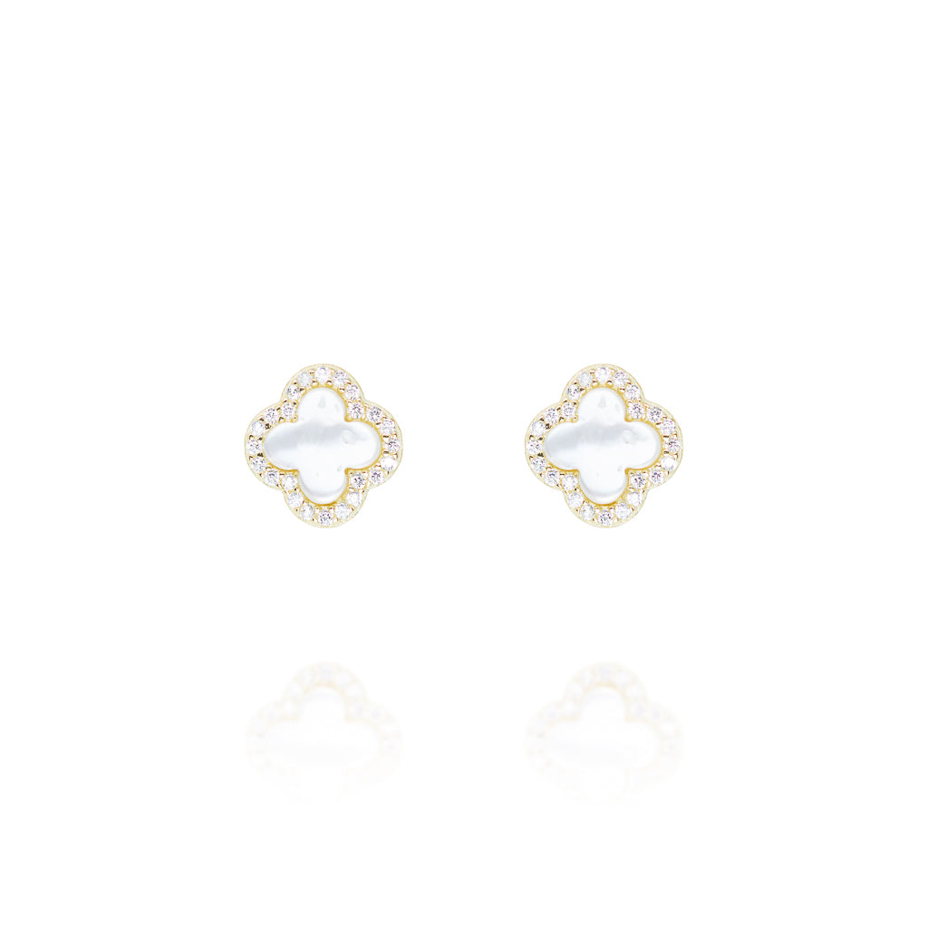 
Gold plated on silver clover-shaped mother of pearl earrings with crystal embellishments, 8mm diameter

