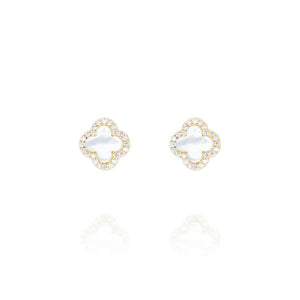 
Gold plated on silver clover-shaped mother of pearl earrings with crystal embellishments, 8mm diameter

