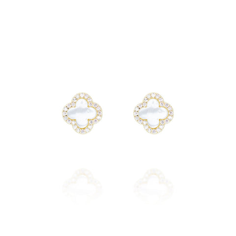 
Gold plated on silver clover-shaped mother of pearl earrings with crystal embellishments, 8mm diameter

