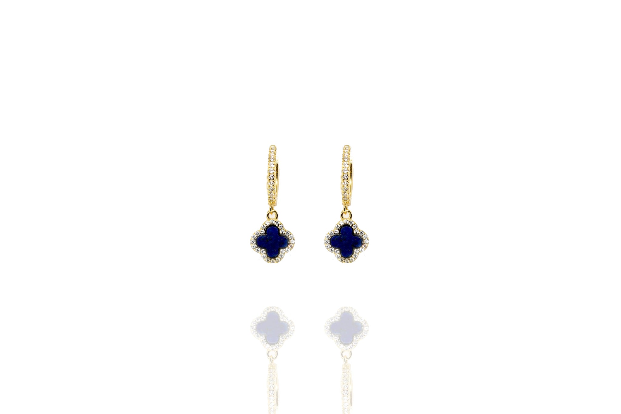 
Gold-plated hoop earrings with lapis lazuli clover charms rimmed with white cubic zirconia

