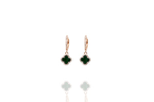 
Rose gold plated hoop earrings with malachite drop and clover charm.

