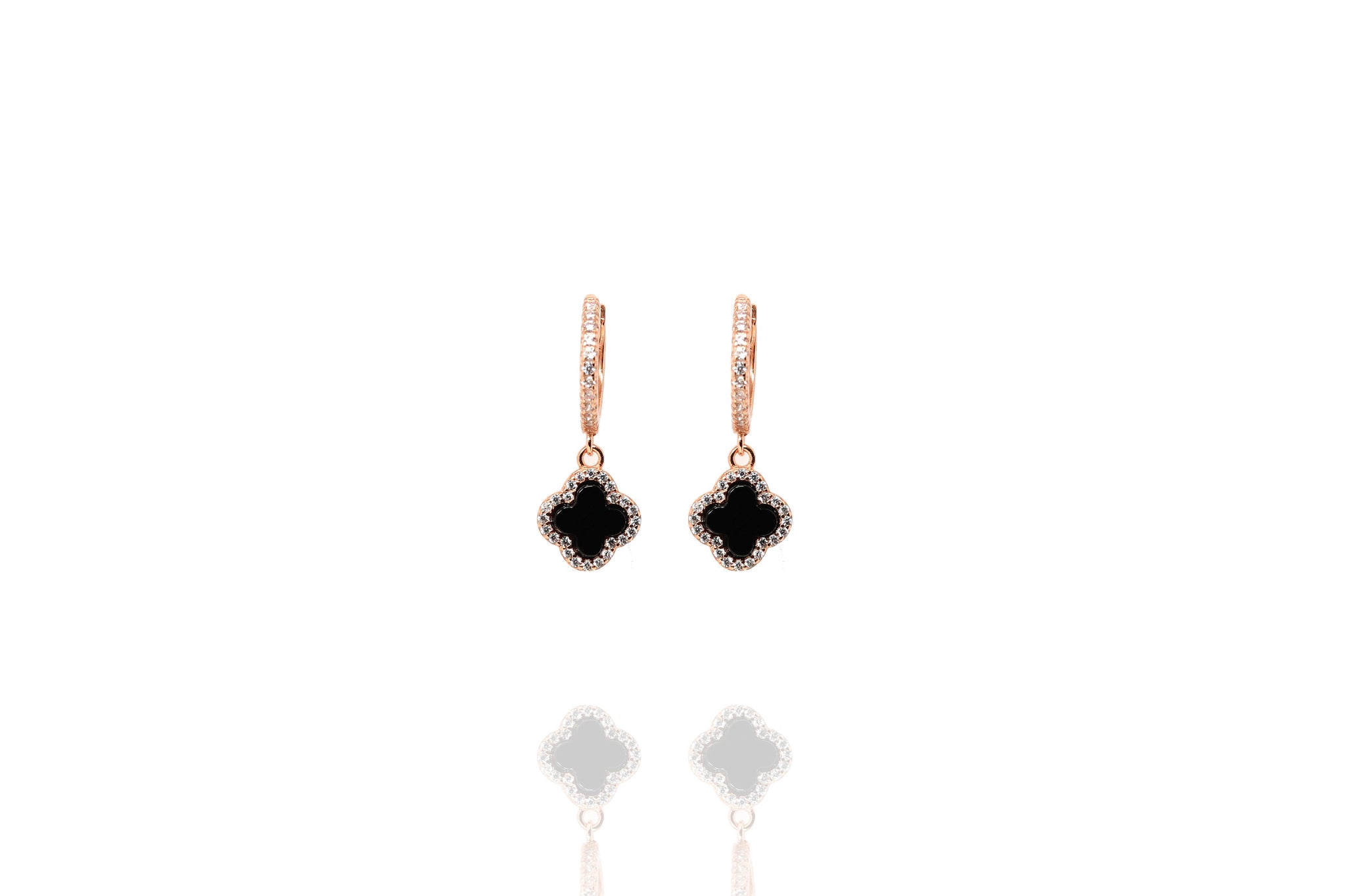 
Rose gold hoop earrings with White Cubic Zirconia and onyx drop clover charm

