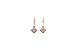 

Rose gold plated silver earrings with Mother of Pearl and Cubic Zirconia accents, quatrefoil design, 12mm diameter hoops

