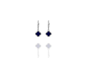 
Sterling Silver Lapis Clover Earrings with white cubic zirconia rim on a reflective surface.

