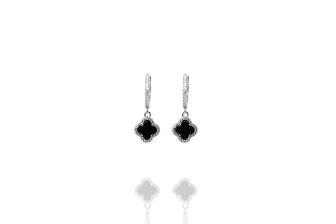 
Sterling silver hoop earrings with onyx clover drops rimmed with white cubic zirconia

