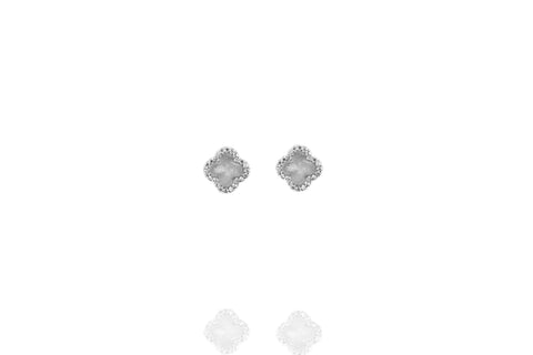 
Sterling silver Mother of Pearl clover stud earrings rimmed with white CZ stones

