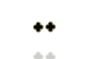 
Gold-plated silver earrings with large onyx stone and cubic zirconia accents in a clover shape.

