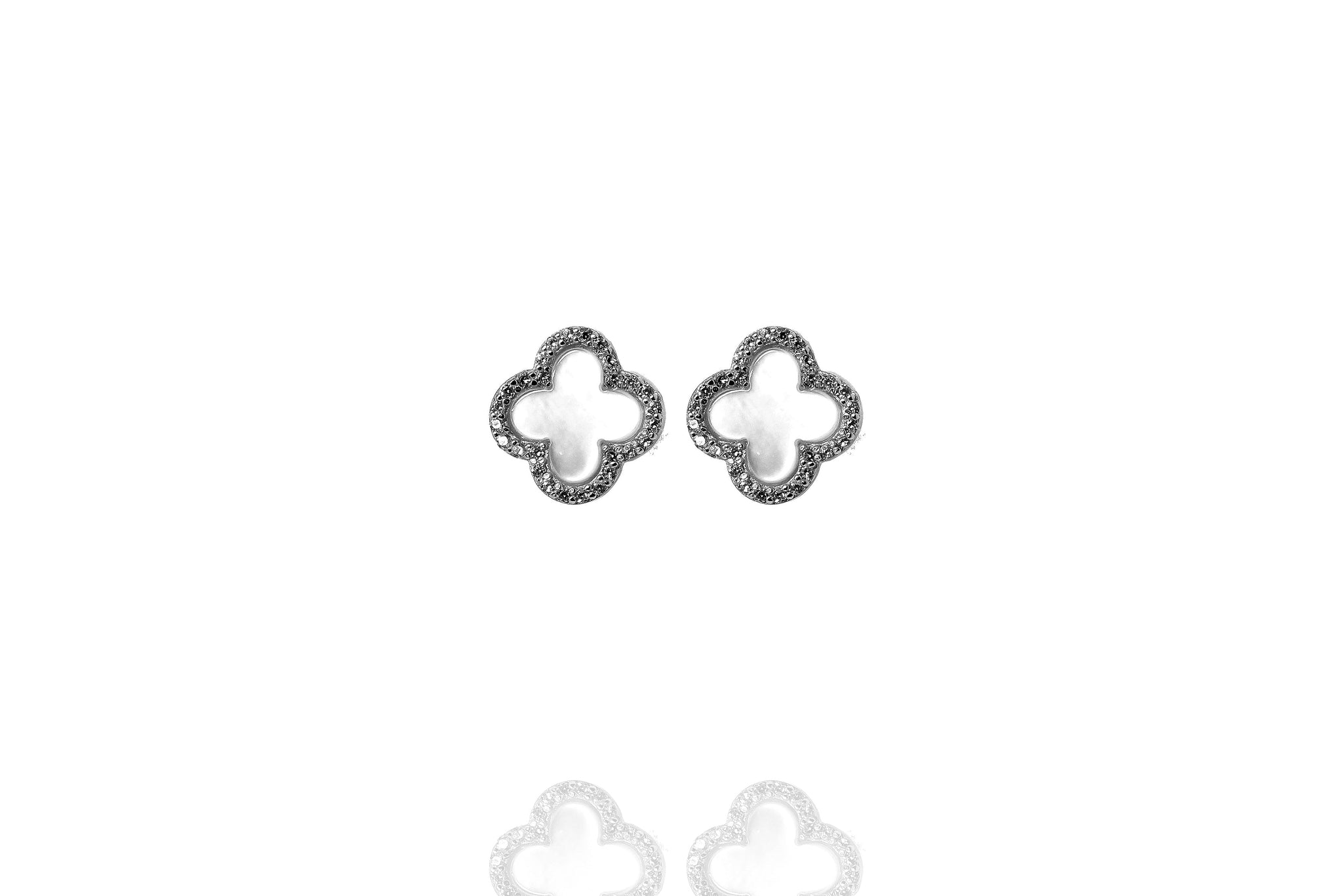 
Pair of sterling silver clover stud earrings rimmed with cubic zirconia, 12mm diameter.

