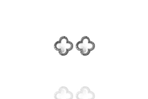 
Pair of sterling silver clover stud earrings rimmed with cubic zirconia, 12mm diameter.

