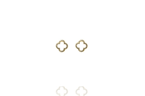 
Gold plated on silver hollow clover earrings rimmed with cubic zirconia, diameter 8mm.

