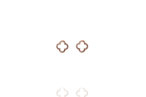 
Rose gold plated hollow clover earrings rimmed with cubic zirconia stones  .

