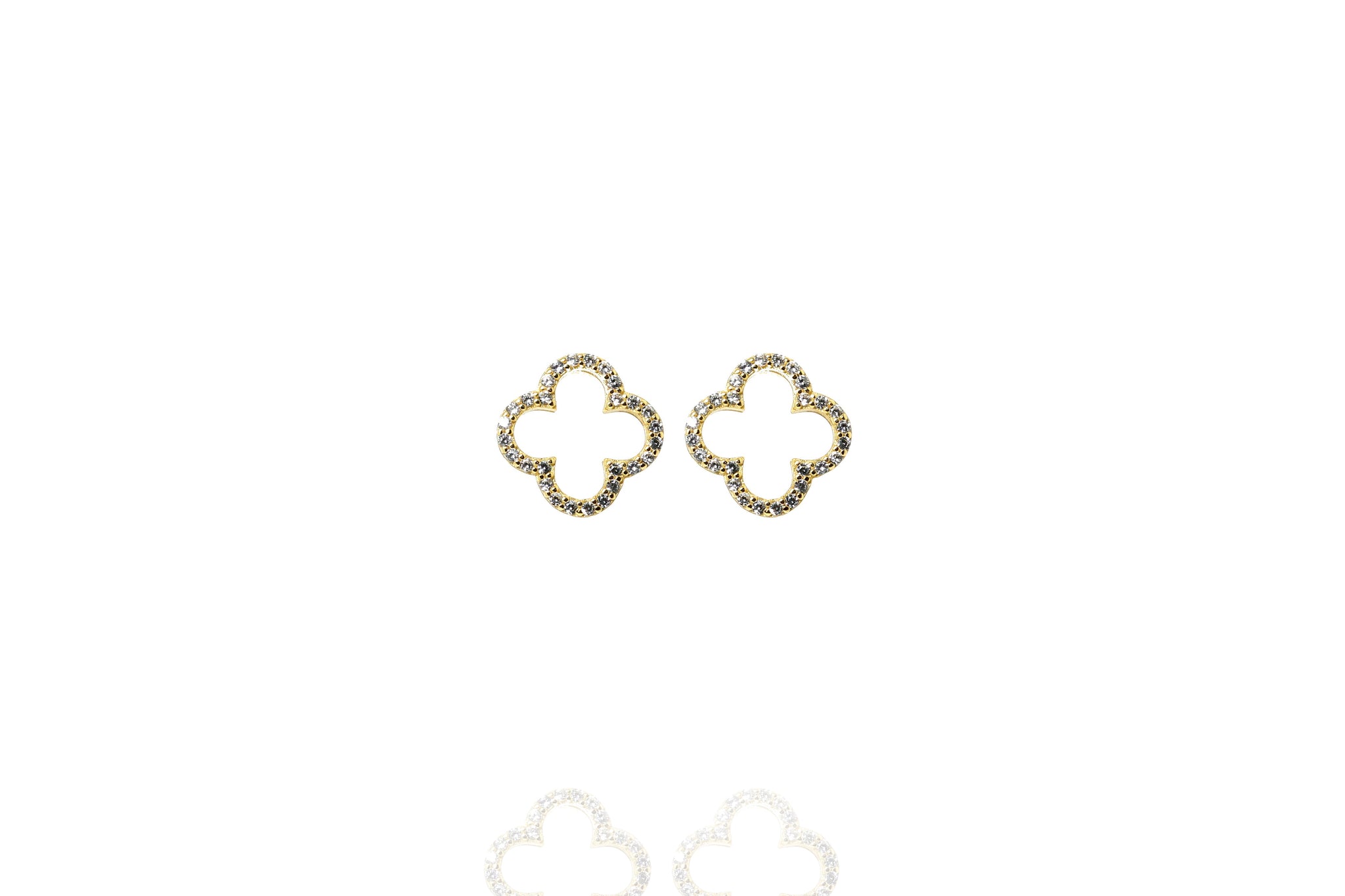 
Gold plated clover stud earrings rimmed with cubic zirconia gemstones

