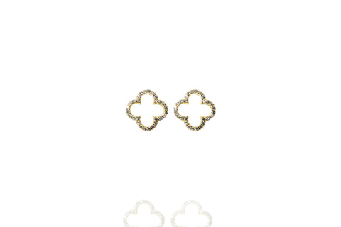 
Gold plated clover stud earrings rimmed with cubic zirconia gemstones

