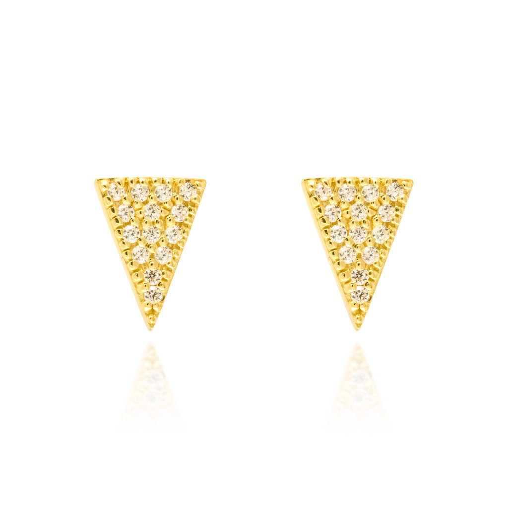 
Gold Micron Plated on Silver Pave Triangular Stud Earrings with Cubic Zirconia.

