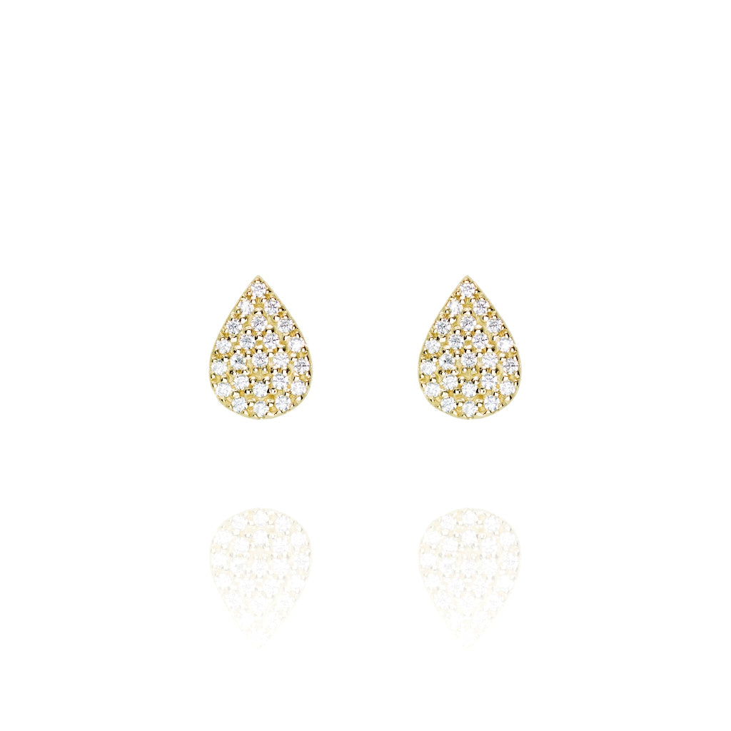 
Gold plated on silver pave teardrop stud earrings reflecting elegantly .

