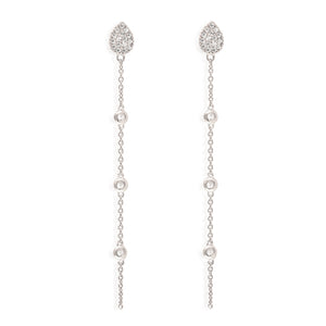 
Sterling Silver Pave Teardrop Stud Earrings with Cubic Zirconia and a delicate hanging chain.

