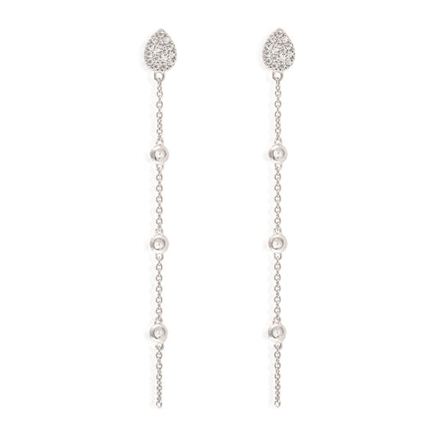 
Sterling Silver Pave Teardrop Stud Earrings with Cubic Zirconia and a delicate hanging chain.

