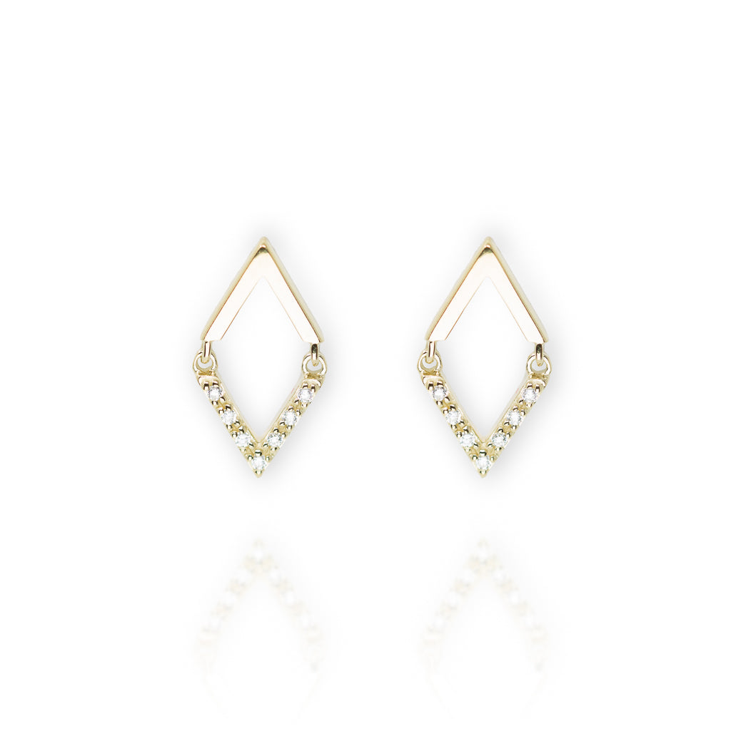 
Gold plated diamond shape earrings inlaid with cubic zirconia on the bottom half.

