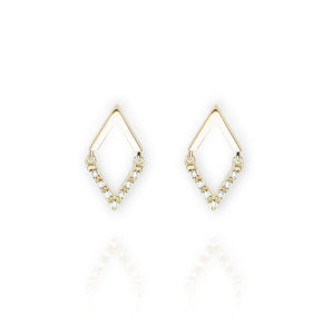 
Gold plated diamond shape earrings inlaid with cubic zirconia on the bottom half.

