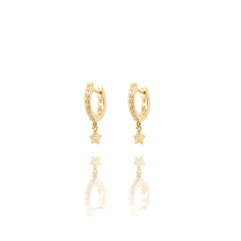 
A pair of gold-plated silver huggie earrings with tiny hanging stars set with cubic zirconia.

