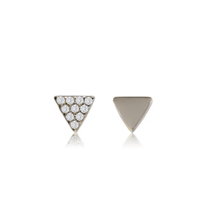 
Sterling Silver Triangle Stud Earrings featuring one pave Cubic Zirconia earring and one plain earring.

