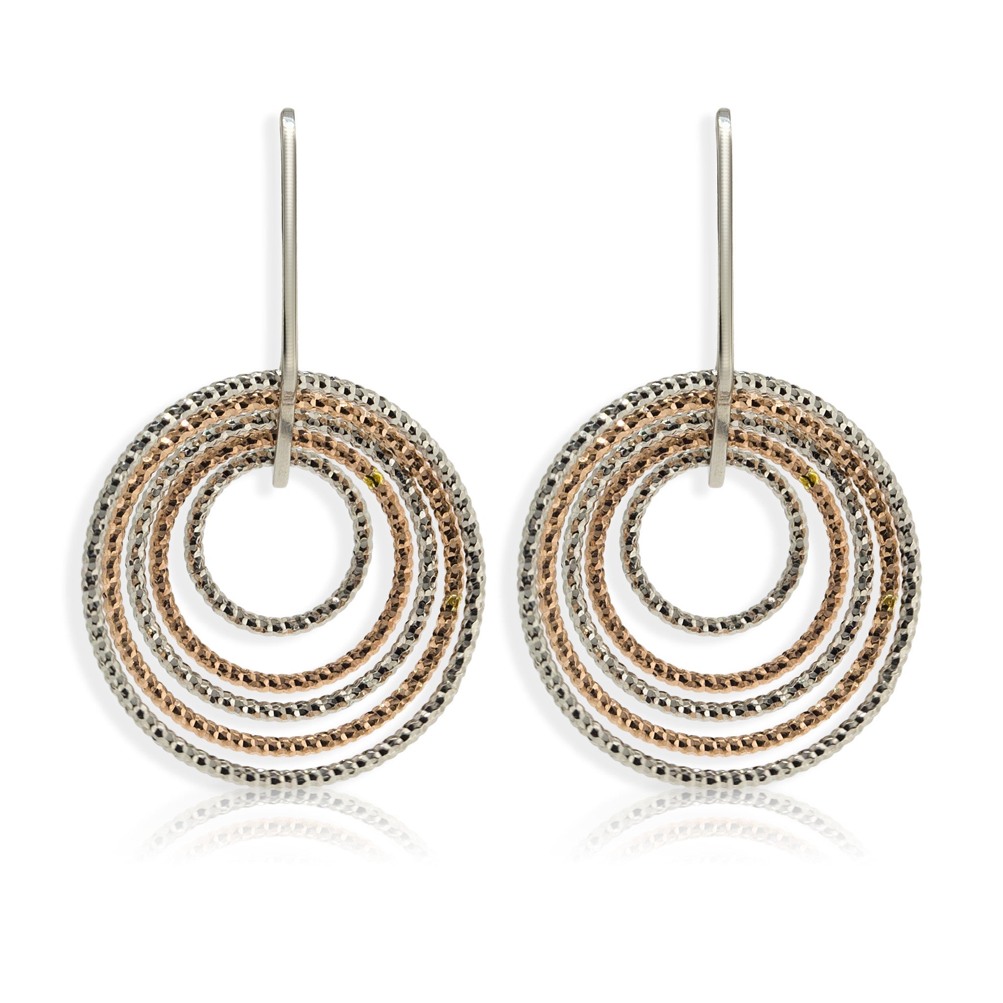 
Rose gold and silver diamond-cut pattern single drop hoop earrings with five interlocked hoops  

