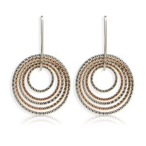 
Rose gold and silver diamond-cut pattern single drop hoop earrings with five interlocked hoops  

