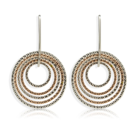 
Rose gold and silver diamond-cut pattern single drop hoop earrings with five interlocked hoops  

