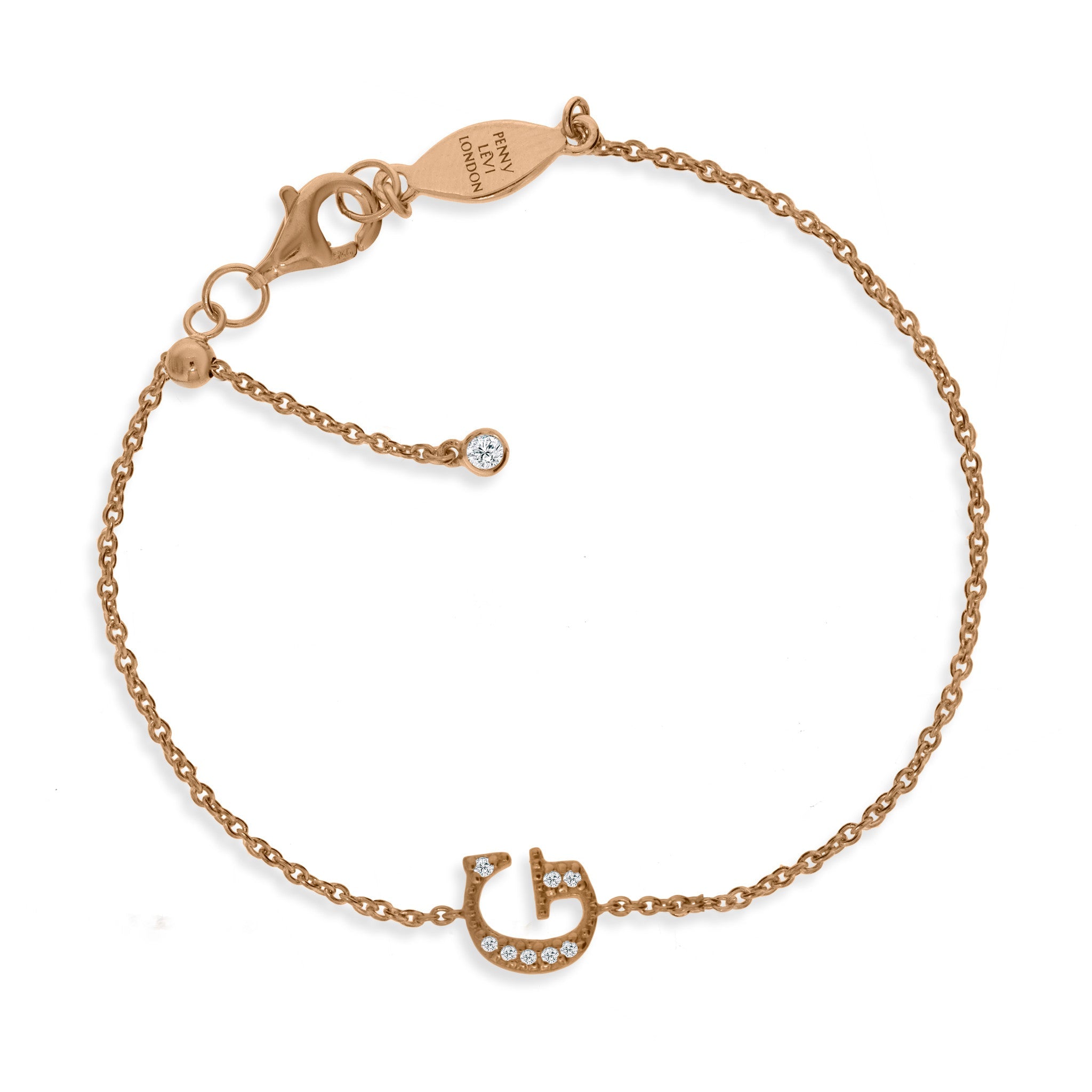 

Rose gold plated initial bracelet on a silver chain with cubic zirconia and a sliding size adapter.

