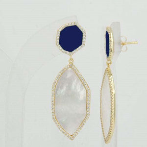 
Gold plated silver earrings with blue stone, CZ rim, and dangling Mother of Pearl, 50mm in length.

