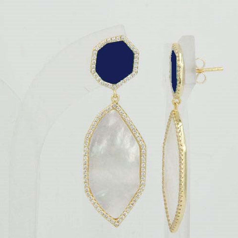 
Gold plated silver earrings with blue stone, CZ rim, and dangling Mother of Pearl, 50mm in length.

