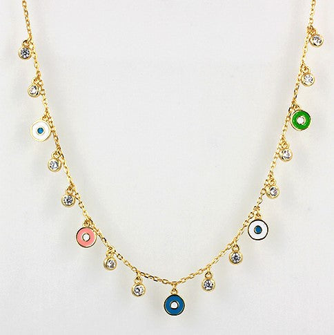 
A gold-plated necklace featuring pastel coloured enamel eyes and sparkling Cubic Zirconia stones, 45cm in length including extensions.

