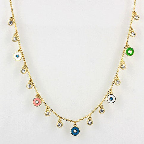 
A gold-plated necklace featuring pastel coloured enamel eyes and sparkling Cubic Zirconia stones, 45cm in length including extensions.

