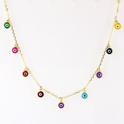 
Gold plated necklace with nine hanging multi-coloured evil eye pendants  

