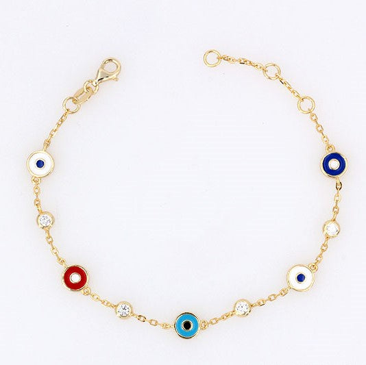 
Gold-plated silver bracelet with multi-coloured enamel discs and cubic zirconia stones

