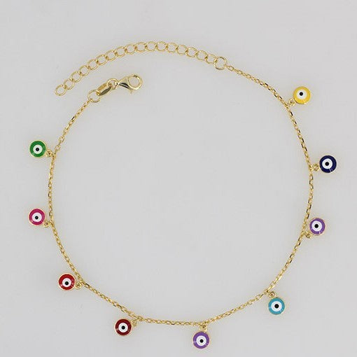 
Ankle Bracelet with multi-coloured evil eyes, featuring nine vibrant charms on a delicate chain with an adjustable lobster clasp.

