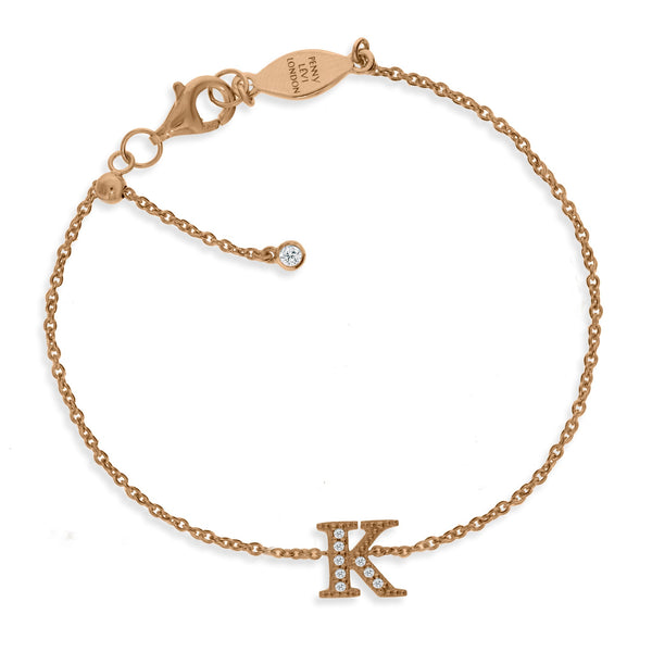 
Rose gold plated silver chain initial bracelet with sparkling cubic zirconia stones and sliding size adapter.

