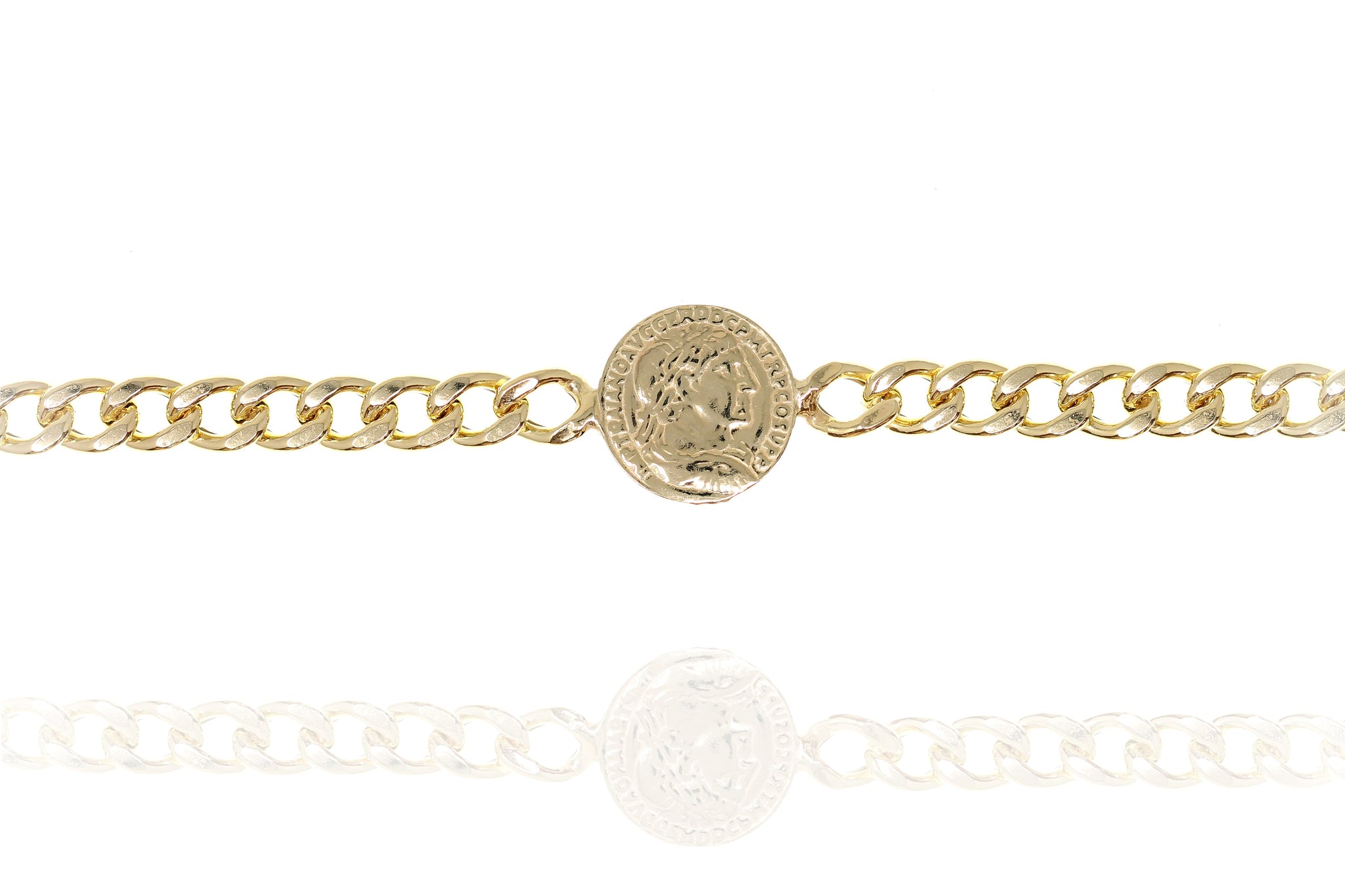 
Gold plated on Silver extra wide chain bracelet with coin detail, manufactured in Italy.

