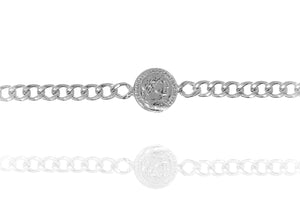 
Sterling silver extra wide chain bracelet with a detailed coin pendant.

