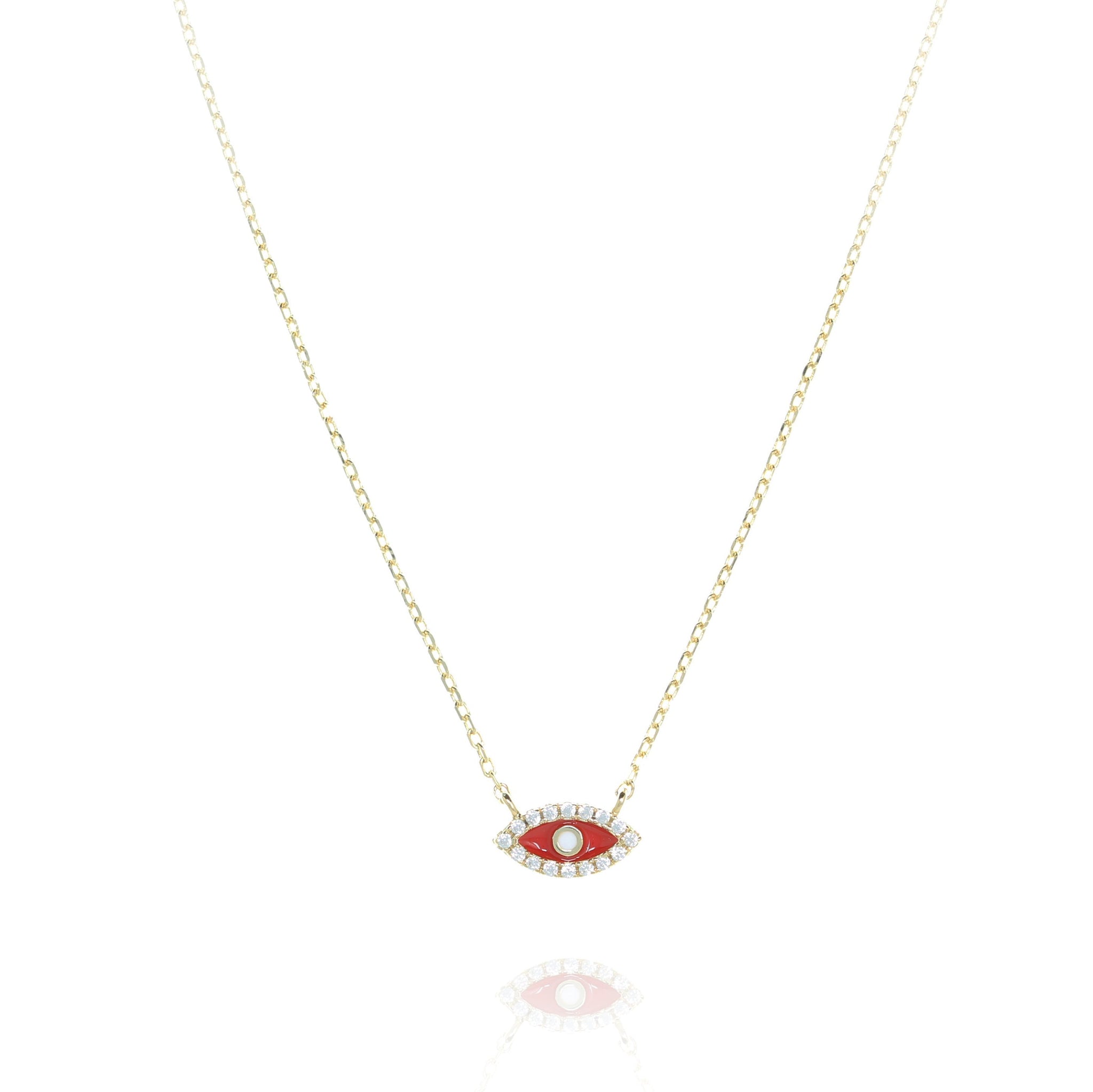 
Gold-plated silver necklace with a red evil eye pendant rimmed with cubic zirconia

