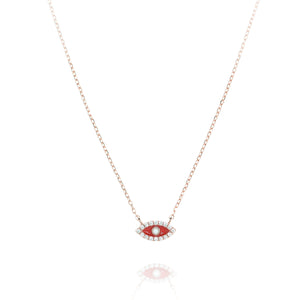 
Rose gold plated on silver red evil eye pendant with cubic zirconia rimmed suspended on a sleek chain.

