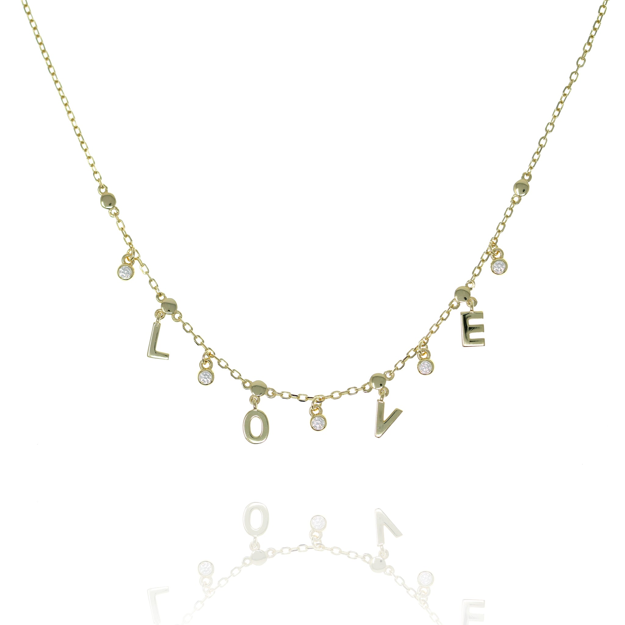 
Gold plated on silver chain necklace with LOVE letters and hanging cubic zirconia

