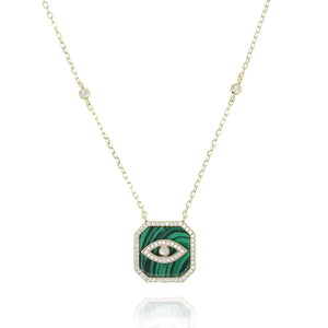 
Gold plated silver chain necklace with an evil eye on a green plaque and crystal accents

